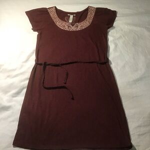 Lucky Brand Burgundy Embroidered Short Sleeve T-Shirt Dress w/Self Belt, Size L